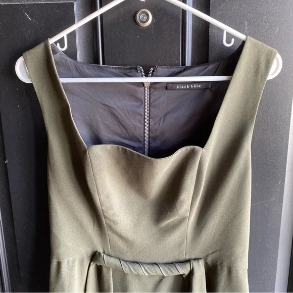 Black Halo Olive Green Square Neck Sheath Dress Twisted Front Waist Detail - Picture 3 of 7